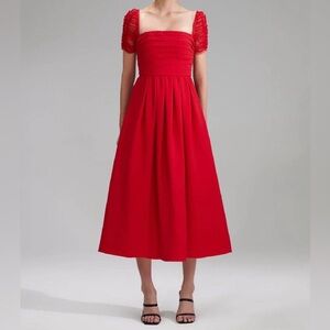 SELF PORTRAIT Red Crepe Dot Mesh Sleeve Midi Dress (NWT)